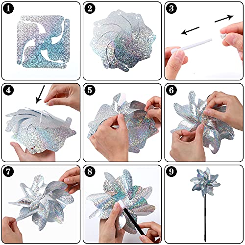 NOVWANG 16 PCS Reflective Pinwheels with Stakes, Extra Sparkly Pinwheels for Yard and Garden Pinwheels Bulk, Bird and Animal Deterrent Device to Scare Birds Away from Patio(Silver)