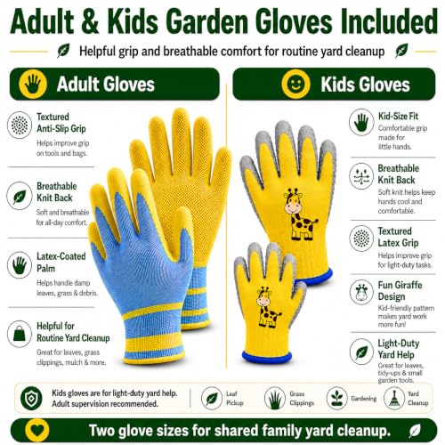 Leaf Scoops Hand Rakes, Leaf Claws & Leaf Grabbers for Yard Work with Adult & Kids Garden Gloves, Soft Handle Covers, Family Yard Cleanup Kit for Leaves and Grass Clippings - style: Family Version