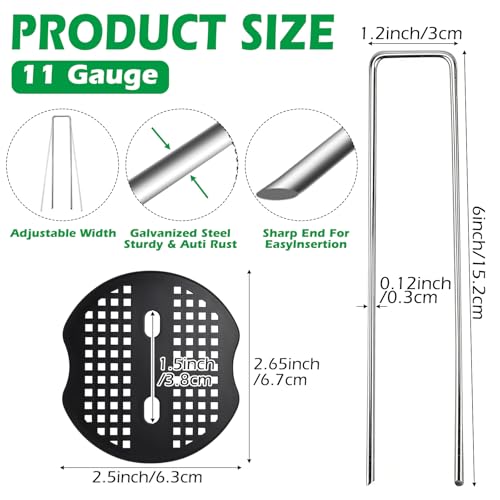 100 Pack Landscape Staples and 100 Pack Gaskets,6" Galvanized Steel Garden Staples 11 Gauge with Black Pads,Landscape Pins Turf Staples for Securing Weed Barrier Fabric Artificial Grass - size: 6 in