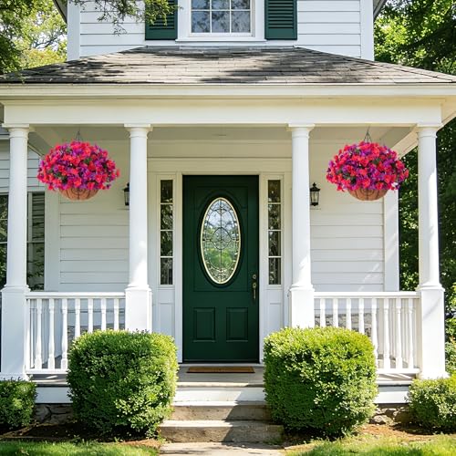 Artificial Hanging Flowers Plant with Basket for Outdoors Fall Decor, Fake Hanging Plants Silk Bougainvillea in Planter Look Real UV Resistant Faux Flower for Outside Porch Patio Garden Home, Mix - color: Red + Purple
