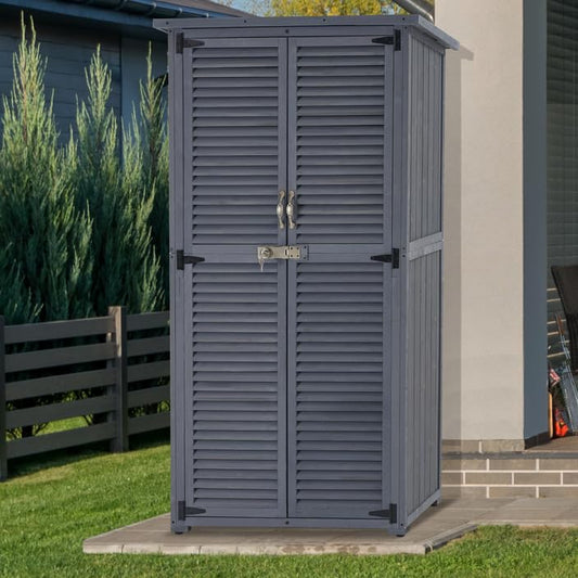 MCombo Outdoor Wooden Storage Cabinet, Garden Tool Shed with Latch, Outside Tools Wood Cabinet with Double Doors for Patio - color: Gray, size: Medium