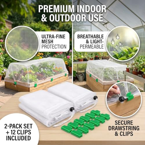 2 Pack Garden Netting for Raised Beds, 4 x 2 FT Outdoor Garden Raised Bed Cover Fine Mesh Plant Netting Plant Covers Pest Barrier Screen with Drawstring and Clips