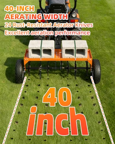 40" Tow Behind Aerator, Pull Behind Lawn Aerator Tool with Universal Hich, 24 Rust-Proof Knives & Heavy-Duty Tires, Plug Aerator for Yard & Garden Compacted Soil, Fits Lawn Tractors, ATV, UTV, Orange - color: Orange, size: 40IN