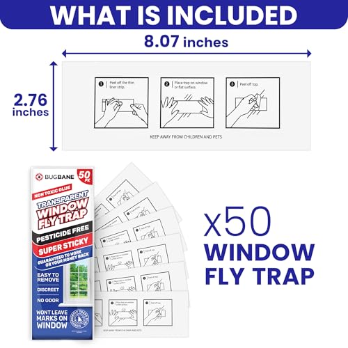 50 Window Fly Traps Sticky Non-Toxic Clear Fly Paper Indoor for Home. No Mess Flies Window Sticky Traps Bug Flies Strips Indoors. Fruit and Housefly Trap Indoor Flypaper Tape Gnat Catcher Killer