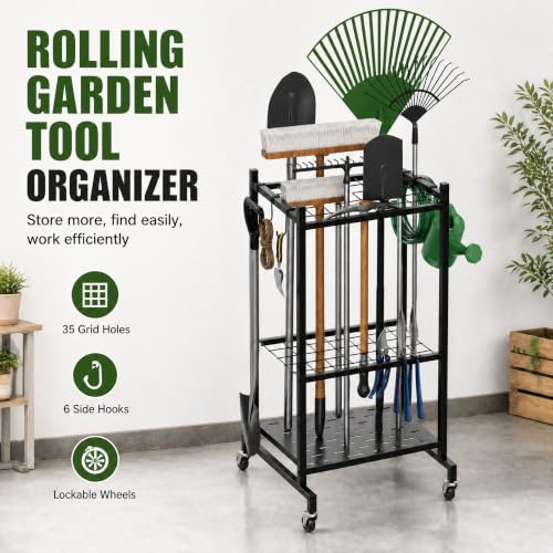 Garden Tool Organizer with Wheels, Garage Tool Organizer for Garage Storage