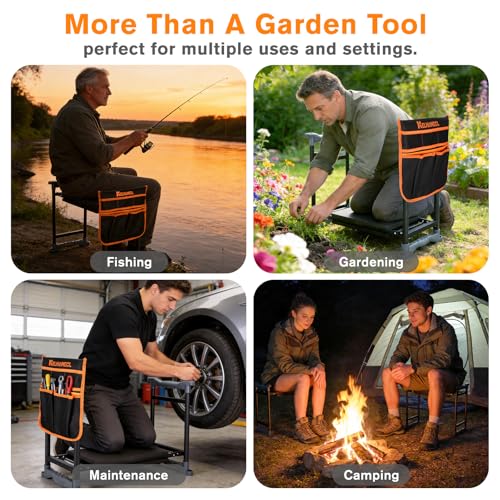 Garden Kneeler and Seat, Extra Wide Thick EVA Pad, Heavy Duty Foldable Garden Bench Holds 350lbs, Ergonomic Kneeling Stool with Garden Tool Pouches, Gardening Gifts for Women, Men & Seniors - color: Black & Orange
