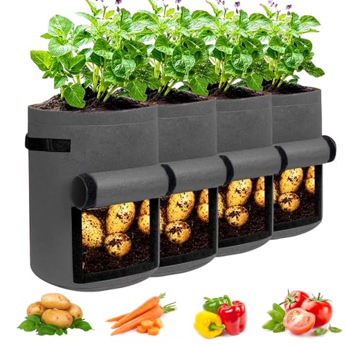 JJGoo 4 Pack Potato Grow Bags 10 Gallon with Flap, Heavy Duty Fabric with Handle and Harvest Window, Non-Woven Planter Pot Plant Garden Bags to Grow Vegetables Tomato, Dark Grey - color: Dark Grey 10 Gallon, size: 4 Pack with Window