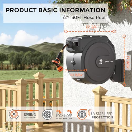 Giraffe Tools Retractable Garden Hose Reel 1/2"130FT Wall Mount Auto Rewind - size: 1/ 2"130 ft