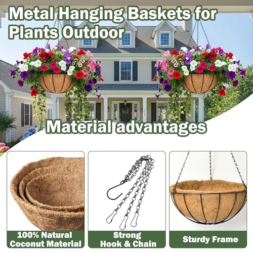 4 Pack 12 Inch Hanging Baskets for Plants Outdoor Metal Hanging Planter Basket with Coco Coir Liner Hanging Flower Baskets Hanging Flower Pots Holder for Garden, Patio(Watermelon) - size: 12 Inch, style: Garden