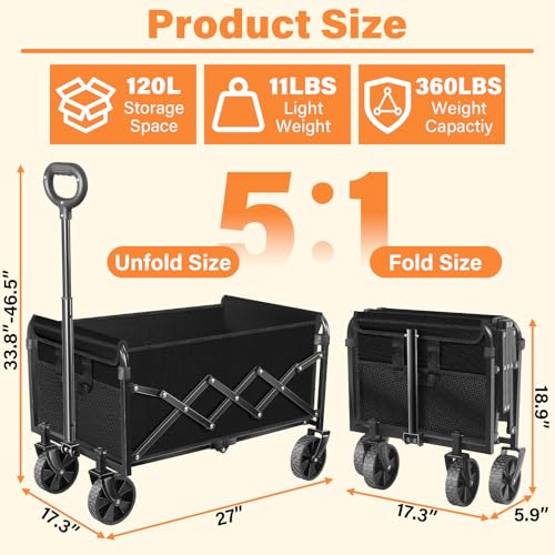 Wagons Carts Foldable,360lbs Collapsible Wagon with Wheels, Foldable Wagon - color: Fashion Black