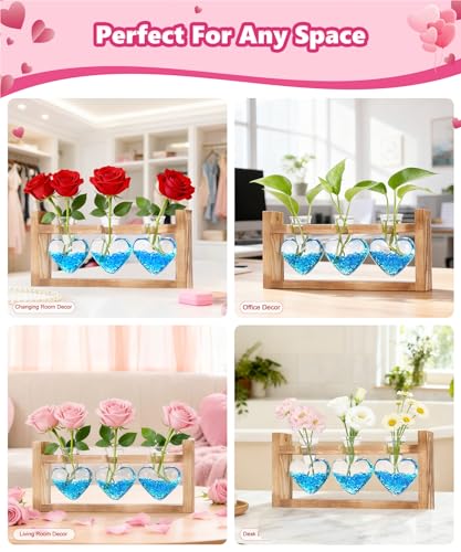 Nacome Plant Terrarium with Wooden Stand, 3 Heart Bulb Glass Vases - color: Transparent
