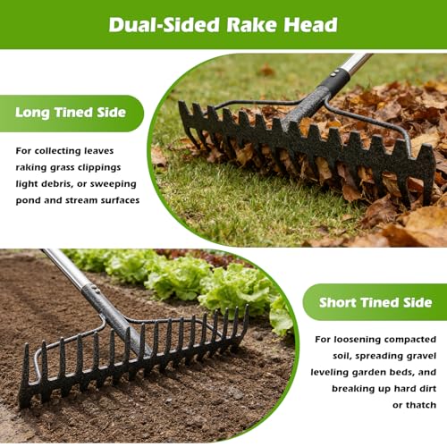 4FT Bow Rake,Heavy Duty Metal Garden Rake for Moving Gravel Loosening Soil Leveling Ground Gathering Leaf Debris Spreading Mulch, 17 Tines,Adjustable Handle, for Lawn Garden Farm Landscape Work - style: 49"