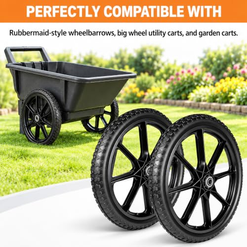 20 Inch Flat Free Wheelbarrow Wheels & Tires, Garden Cart & Wagon, 2-Pack