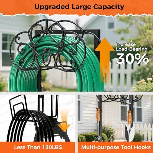 Garden Hose Holder Heavy-Duty Freestanding Water Hose Holder Holds 160Ft Hoses with 2 Tool Hooks, Rustproof Freestanding Hose Stand with 4 Spikes Hose Hanger Storage Rack for Outside, Yard, Lawn - color: Black, size: Floral