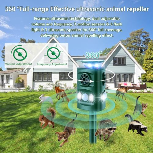 Rechargeable 360° Solar Ultrasonic Animal Repeller Motion Sensor Deer Repellent Devices, Deer Deterrent with Flashing Light, Repel Dog Cat Skunk Rabbit Squirrel Yard Garden Outdoor - size: 2 Pack