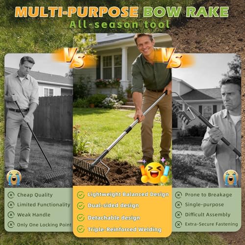 Bow Rake , 2-in-1 77in Metal Garden Lawn Rake for Weeding Digger Loosening Soil Raking Leaf Leveling Rocks Spreading Mulch Gravel 17 Tines Adjustable Garden Rake (77 Inch) - style: 77 inch