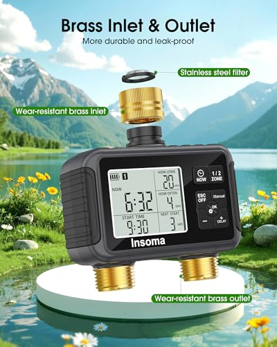 Insoma Water Timer with Brass Inlet & Outlet, 2 Independent Zones Outdoor Hose Timer for Garden Faucet with Auto/Manual/Rain Delay Mode, Sprinkler Irrigation Controller for Yard Lawn - color: Grey Black, size: 2 Outlets