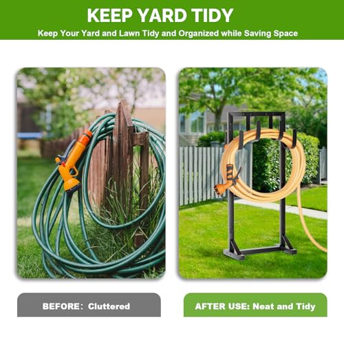 Heavy-Duty Garden Hose Holder with Stable Base and Tool Hooks, GAVISCITY Freestanding Metal Hose Hanger Garden Hose Storage Holds 151Ft Hose, Rustproof Water Hose Holder for Outside Yard Lawn, Black - color: All Black