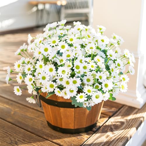 Daisy Artificial Flowers for Outdoors Autumn Fall Decoration, 6 Bundles Fake Mums White Silk Flowers for Outside Look Real UV Resistant Faux Flowers Plants for Planter Front Door Home Indoor Porch Urn - color: White-6 Bundles