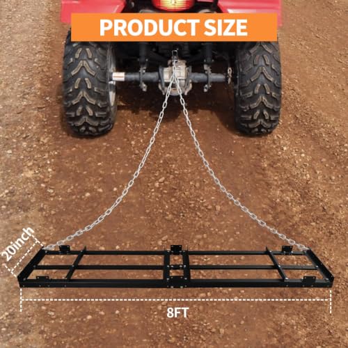 Heavy Duty 8FT Drag Harrow Driveway Grader, Tow-Behind Landscape Rake with 16FT Chain for ATV, UTV, Tractor – Ideal for Gravel, Soil, Sand Leveling and Lawn Maintenance - size: 8FT