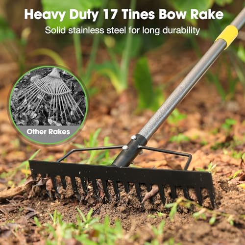 Heavy Duty Metal Bow Rake for Lawn , 17 Steel Tines Garden Rake