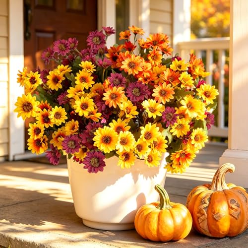 24Pcs Fake Flowers Artificial Mums for Outdoors,UV Resistant Faux Mums for Outdoor Planters Realistic Daisy No Fade Fall Flowers for Front Door Garden Patio Yard Autumn Decor - color: Mixed Daizy, size: 24Pcs
