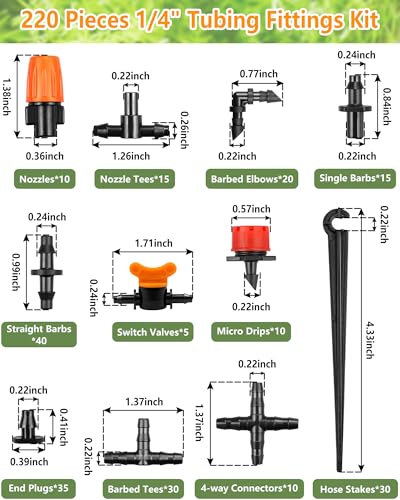 Drip Irrigation Fittings Kit for 1/4" Tubing, 220 Pcs Drip Line Connectors for Drip Systems - Valves, Nozzles, Micro Drips, Single barbs, 4 Way Cross, Tees, Couplings, End Plugs, Elbows, Hose Stakes - size: 4/7mm Drip Fittings Set-220P