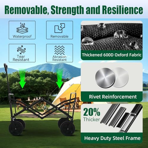 Collapsible Wagon Cart Foldable with Tailgate, 240L 480lbs Capacity, Heavy Duty Beach Wagon with Wheels Brake, Shopping Carts for Grocery, Camping, Garden Cart