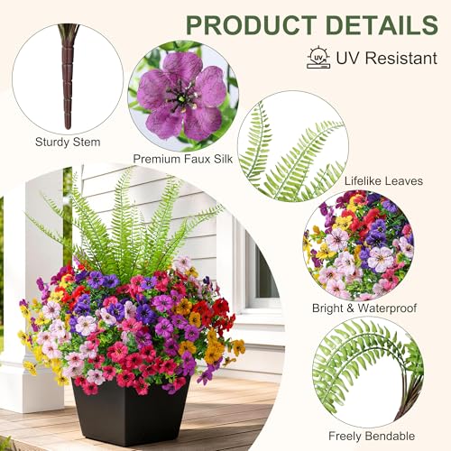 HyeFlora Artificial Faux Outdoor Flowers Plants for Spring Summer Decoration, 14 Bundles Fake Silk Colorful Daisy Ferns UV Resistant Realistic for Home Porch Patio Yard Window Box (6 Mix) - color: 6 Mix