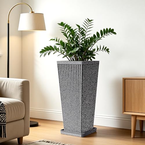 24" Tapered Tall Planters for Outdoor Plants with Tray&Shelf, Gray - color: Dark Gray-sandblasting