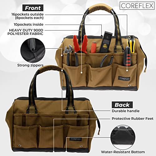 Coreflex 14 inch Wide-Mouth Tool Bag, Gear Bag, Multiple Purpose - for Plumbers, Electricians, Handymen also good for daily use, office use and camping. (Tan) - color: Tan