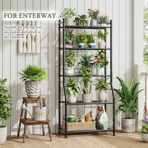Ekisemio 5-Tier Metal Plant Stand, Heavy Duty Indoor Outdoor Flower Shelf for Multiple Pots, 63.5" Tall Vertical Plant Holder with Adjustable Leveling Feet, Black