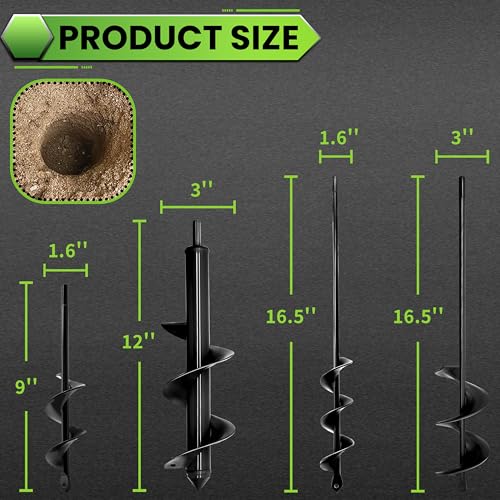 4PCS Garden Auger Drill Bit Set - 1.6x9 & 1.6x16 & 2.7x16 & 3x12 inch - color: Black, size: 4PCS-1.6x9 & 1.6x16 & 2.7x16 & 3x12 in