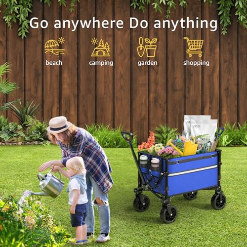 ROSONG Collapsible Wagon Cart with Wheels Foldable - Folding Utility Heavy Duty Wagons Carts for Grocery Sports Garden Shopping Camping Wheelbarrows (Blue, 120L) - color: Blue, size: 120L