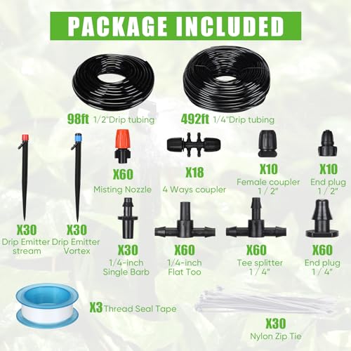 Frienda 590FT Drip Irrigation System Kit, Automatic Garden Plant Watering Misting System with Adjustable Sprayers, 1/4" Irrigation Tubing, DIY Water Saving Kit for Raised Beds, Greenhouse, Yard, Lawn