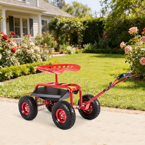 FIZZEEY 360 Swivel Rolling Garden Work Seat Cart with Storage Basket, Red - color: 1-red