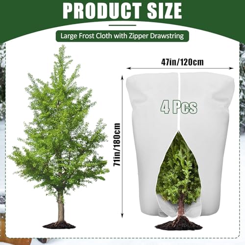 4 Pcs Plant Covers Frost Protection Bag 71"X47" Winter Reusable Plants Jacket with Zipper Drawstring Large Plant Protection Wraps Bags Frost Blanket for Winter Outdoor Garden Plants - color: White, size: 71 x 47 Inch (4 Pcs)