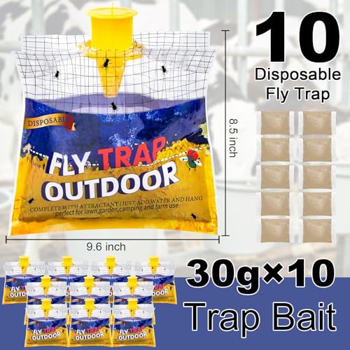 Fly Traps Outdoor Hanging for Patio, 10 Pre-Baited Flies Bags Disposable - size: 10 pack