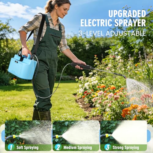 Battery Powered Sprayer 2 Gallon, Powerful Electric Garden Sprayer with 3 Speeds Displayed, Battery Indicator, 4 Mist Nozzles, Retractable Wand, Adjustable Shoulder Strap for Lawn Yard and Garden - color: Blue