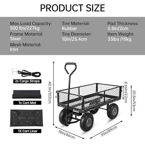 440 Lbs Steel Garden Cart, Heavy‑Duty Black Utility Wagon for Yard Work - color: Black
