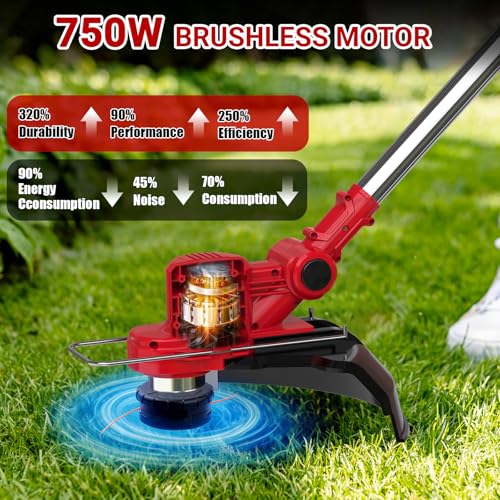 Weed Wacker Cordless String Trimmer, 750W Brushless Motor, Electric Weed Wacker with 2 X 4.0Ah Batteries, Weed Eater with 5 Types of Blades, for Lawn, Yard and Bush Trimming(Red)