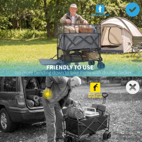 Double Decker Wagon with Retractable Mesh & Tailgate - 560Lbs Load Heavy Duty Foldable Collapsible Wagon Cart with Wheels for Camping, Beach, Groceries, Sports (Light Gray) - color: Light Gray