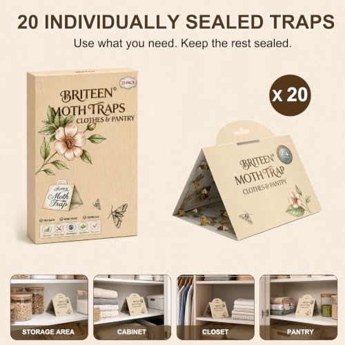 Pantry Moth Traps 20-Pack Indoor Moth Traps with Pheromones Sticky Adhesive Tool for Wool Closet Carpet Food and Cupboard