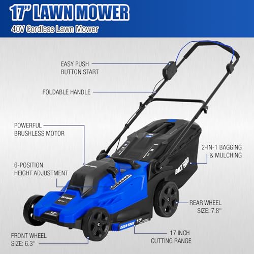 BILT HARD 40V Electric Cordless 17" Lawn Mower, 12" Trimmer & Leaf Blower Combo – 3x5.0Ah Batteries (2x20V), Dual Charger, 6-Position Cutting Height, 50L Bag