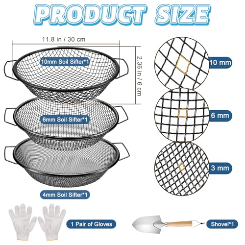 3PCS Soil Sifter 3,6,10mm Rock Sifting Screen with Shovel Gloves Black - size: Black-3PCS(1/8in,1/4in,3/8in)