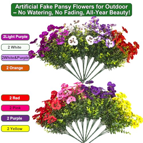Grunyia 16 Bundles Artificial Pansy Flowers for Outdoor, UV Resistant Fake Silk Pansies, 8 Colors Faux Spring Flowers with Stems for Porch Patio Yard Window Box Home Decor - color: Mix3(white,yellow,purple,red,pink,light Purple, Orange,white Purple)