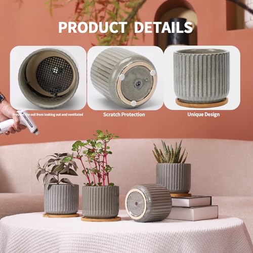 5.25" Ceramic Plant Pots with Drainage Holes & Trays Set of 4
