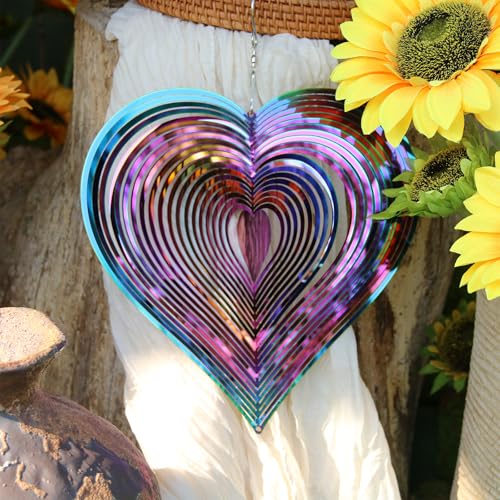Phuryllic Wind Spinners Outdoor, Garden Decor, Bird Deterrents for Outside, 3D Metal Yard Decorations for Patio & Backyard, Unique Gardening Gifts for Women & Moms - 10in Purple Heart