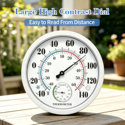 10" Indoor Outdoor Thermometer Hygrometer, Weatherproof Gauge (White) - color: White