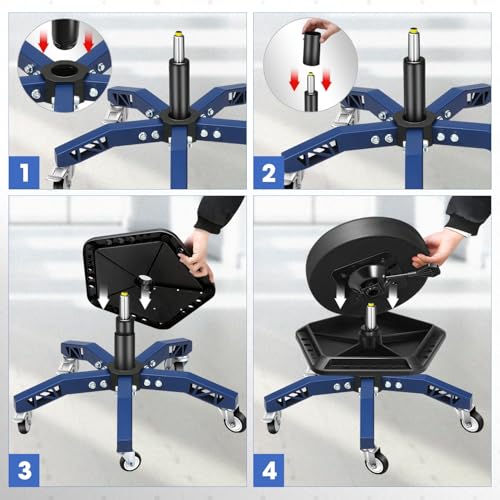 DNA Motoring Rolling Shop Stool, Adjustable Height Padded Rolling Seat, Pneumatic Roller Mechanic Stool for Garages, w/Tool Storage Tray, 300lbs Capacity, TOOLS-00636-BK-BL - style: Blue Tray Model